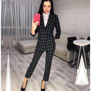 Office Lady Plaid Werk Broek Past Notched Kraag Blazers en Broek Vrouwen Herfst Tweedelige Pakken