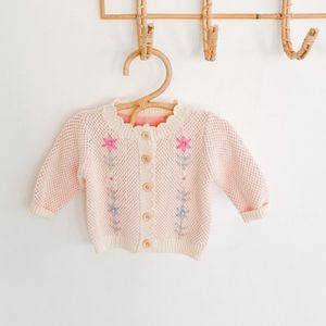 Baby Meisjes Trui Gebreide Pasgeboren Peuter Borduren Bloem Truien Handgemaakte Zuigeling Enkele Breasted Vest Kleding 3M