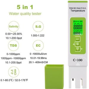 5 In 1 Water Quality Tester Tds/Ec/Zoutgehalte/S.G./Temperatuur Meter Voor Thuis, Zwembad Pxpd