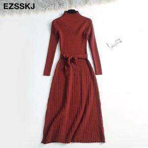 herfst winter maxi trui jurk vrouwen lange mouw OL vrouwelijke lange trui jurk met riem elegante a-lijn solid slim jurk