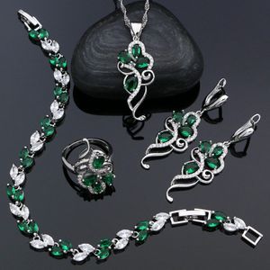 Groene Stenen 925 Sterling Zilveren Bruids Sieraden Sets Voor Vrouwen Oorbellen Hanger Ring Armband Ketting Kit