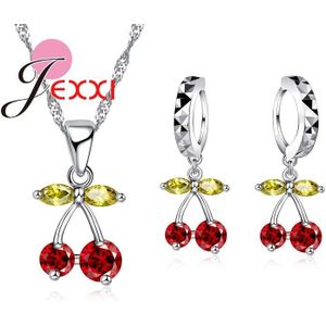 Cherry Vorm Sieraden Set Voor Vrouwen Shiny Cubic Zieconia Bladeren Vruchten Hanger Ketting Oorbellen Zilveren Meisje