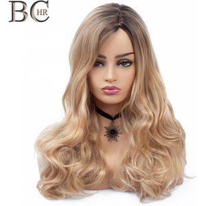 BCHR Lange Golf Ombre Pruik Kant Deel Blonde Pruik Synthetische Pruik voor Vrouwen Dark Wortel Goud Haar voor Wedding Party