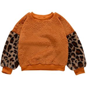 Kid Meisje Top Fall Fuzzy Truien Shirt Ronde Hals Lange Mouwen Casual Elastische Manchet Zoom Warme Luipaard Patchwork Pluche blouse 2-7Y