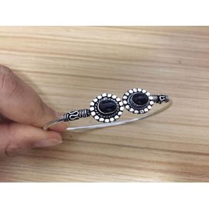 BR455 Tibetaans Zilver Ingelegd Lapis Black Onyx Maansteen Bangle Manchet Handgemaakte Nepal Bloem Vrouwen Verstelbare Armband