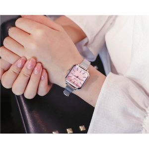 Ulzzang Vintage Vierkante Lederen Vrouwen Horloges Dames Zilver Quartz Horloges Vrouwelijke Rvs Mesh Armband Horloge Klok