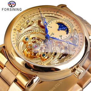 Forsining Koninklijke Luxe Moon Phase Mens Golden Transparante Open Werk Automatische Mechanische Horloge Top Luxe