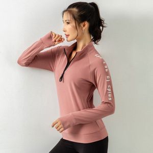 Brief Print Sport Trui Vrouwen Running Stretch Rits Trui Fitness Workout Yoga Sportkleding Duim Gat Sweatshirt