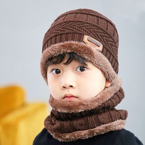 Winter Children Knitted Hat Ring Scarf Sets Kids Warm Baby Plus Velvet Thick Soft Cap Boys Girls Fleece Lining Beanies