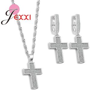 Sprankelende Kruis Sieraden Sets Voor Vrouwen 925 Sterling Zilveren Oorbellen//Ketting/Hanger Sets