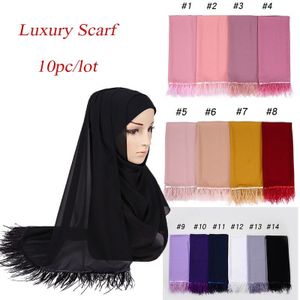 10Pc Vrouwen Effen Kleur Veer Chiffon Hijab Sjaal Sjaals Kwastje Grote Size Hoofdband Sjaals Cappa Wraps Bandana Islamitische Foulard