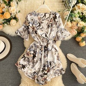 Woherb Korte Mouw Bloemen Vrouwen Jumpsuits Zomer Strand Wijde Pijpen Overalls Mode Koreaanse Speelpakjes Bohemian Print Strap Rompertjes