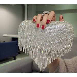 Hart Rhinestone Fringe Avondtasje Bruid Purse Make: Lippenstift Telefoon Dag Clucthes Dames Metalen Ketting Kristal Schoudertas