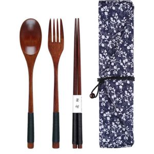 Een Set Houten Lepel + Vork + Eetstokjes + Doek Zak Bamboe Keuken Koken Gebruiksvoorwerp Tool Soep Theelepel Catering Oktober