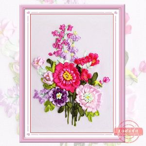 Handwerken Bloem DIY Borduurpakketten, 3D Zijde Lint Borduren, Kruissteek Swing, handgemaakte Craft Wall Decor Schilderen C-0286