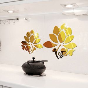 3D Acryl Spiegel Muursticker Lotus Thuis Slaapkamer Sofa TV Achtergrond Muur Groene Decoratieve Spiegel Muursticker