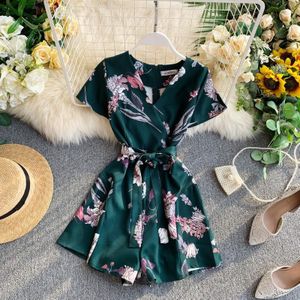 Vintage Boho Slim Bloemenprint V-hals Jumpsuit Casual Sexy Vrouwen Bandage Rompertjes Korte Zomer Speelpakje Beach Romper