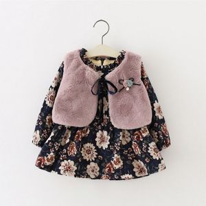 Baby Meisjes Jurk Herfst en Winter Meisjes Dikker Plus Fluwelen Lange Mouw Down Jurk + Wit Bont Vest 2 Stuks pak Kinderkleding