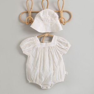 2022 Zomer Solid Hollow Sweet Baby Meisje Jumpsuit Leuke Katoen Prinses Bodysuit Met Kid Zon Bescherming Emmer Hoed