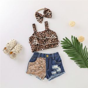 Zomer Peuter Kid Baby Meisjes Outfit Kleding Luipaard Halter + Denim Shorts Set + Vlinderdas 3 Pcs Set