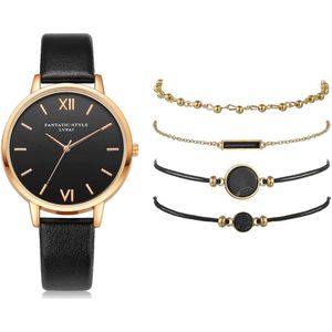 5Pcs Set Top Stijl Mode Vrouwen Luxe Lederen Band Analoge Quartz Horloge Dames Horloge Vrouwen Jurk Reloj Mujer zwarte Klok