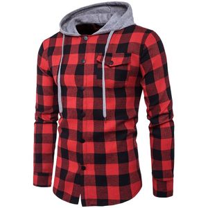 Plaid Hooded Denim Shirt Mannen Lange Mouwen Slanke Shirts Mannen Casual Shirt Bussiness Sociale Chemise