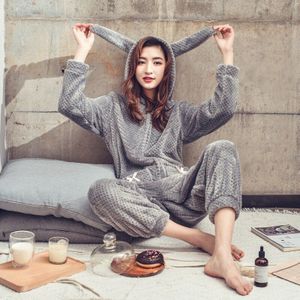 Konijnenoren Schattige Meisje Coral Fleece Pyjama Onesie Vrouwen Winter Hooded Solid Animal Pyjama Plus Size Flanel Bunny Nachtkleding