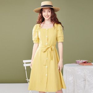 Artka Zomer Vrouwen Jurk Franse Vintage Vierkante Kraag Jurken Met Sash Pure Katoen Bladerdeeg Mouw Lange Jurk LA25603X