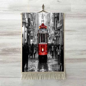 Anders Grijs Wit Istanbul Taksim Rode Tram Vintage 3D Print Decoratieve Wall Art Touw Opknoping Tapijt Tapijt Tasseled Tapestry