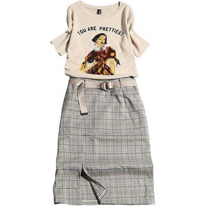 Met Sjerpen! Vrouwen Zomer Rokken Suits Korte Mouw Dames Print Tees Blouse En Plaid Knielengte Cut Rok Past Set NS243