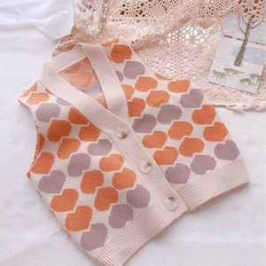 Franse Vintage Meisjes Gebreid Vest Vest Baby Meisjes Liefde Jacquard Gebreide Trui Vest Kinderen Alle-Match Zoete Mouwloos Vest