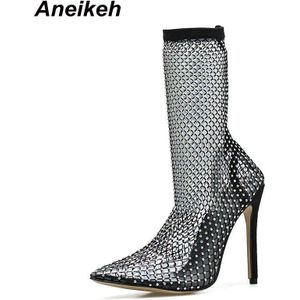 Aneikeh Lente Crystal Mesh Laarzen Vrouwen Pvc Hoge Hakken Schoenen Dunne Hakken Pumps Sexy Ladies Party Wedding Sandalen Boot maat 42