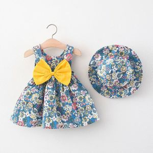 Zomer Baby Jurk Bloemen Leuke Beach Party Baby Mouwloze Meisjes Jurken + Hoed Verjaardag Kids Meisje Jurk