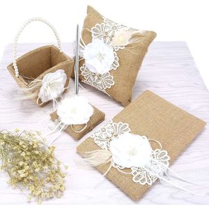 5 Stks/set Jute Bruiloft Gastenboek + Pen + Stand + Ring Kussen + Bloem Mand Sets Decor Supplies DEC889