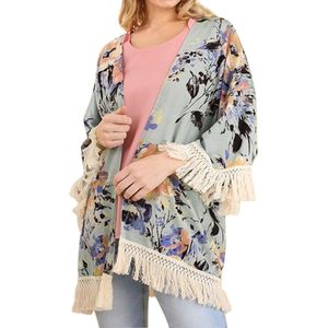 Womail Cover-Ups Womens Drie Kwart Mouw Bloemen Bedrukte Sjaal Kwastje Kimono Ups Vest strand jurkjes badmode W30422