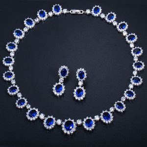 Pera Cz Grote Ronde Zirconia Luxe Bridal Wedding Royal Blue Stone Ketting En Oorbellen Sieraden Sets Voor Bruiden J126