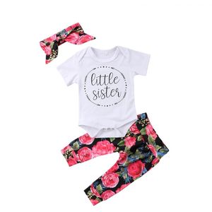 Baby Waggel Baby meisje Kleding Set Wit Baby Zus Romper + Rose Print Broek + Hoofdband Newbor Meisjes 3 Stks Kleding Outfit