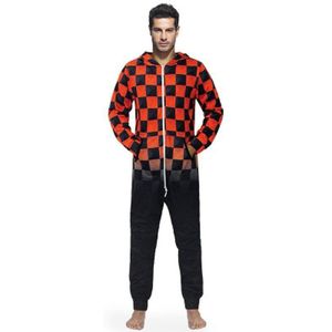 Herfst Winter Mannen Jumpsuit Pyjama Romper Grappige Zwart Rood Plaid Print Mode Losse Kleding Hoodie