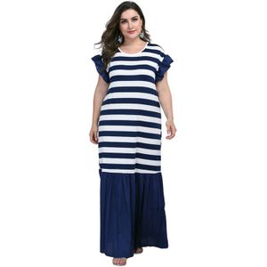 Plus Size Zomer Lange Jurk Vrouwen Zomer Ruches Korte Mouwen Gestreepte Print Patchwork Maxi Lange Jurk Dames Tuniek Strand Jurken