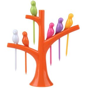 Keuken Gadget Vogel Boom Birdie Fruit Vork 1 Stand 6 Forks Tandenstoker Fruit Tool Cartoon Party Vork Servies servies 6Z