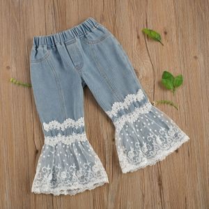 2-7Years Kinderen Meisje Broek Wide-Leg Broek Zijzakken Fall Hoge Taille Ruche Kant Bloemen Bell Bottoms