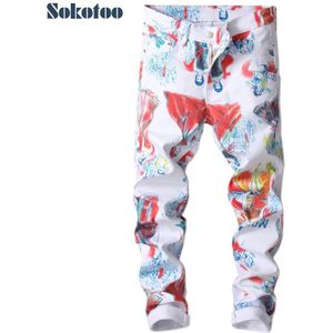 Sokotoo Mannen Mode Beauty Tekening Gedrukt Jeans Slim Skinny Letters Geschilderd Stretch Denim Broek