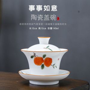 Hand Geschilderd Jade Porselein Peach Blossoms Keramische Gaiwan Chinese Teaset Theewaar Terrine Sancai Tea Cup Pu'er Ketel