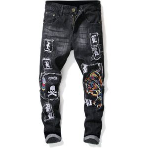 Mannen Mannelijke Tijger Schedel Borduurwerk Zwarte Jeans Trendy Slim Stretch Ripped Deim Potlood Broek Patch Broek