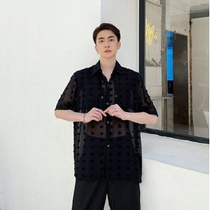 Zomer Mode Trends Kant Chiffon Perspectief Uitsparing Korte Mouwen Voor Mannen Toevallige Zwarte Blouse Show Party Shirt