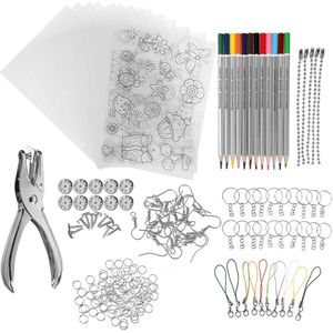156/182 Pcs Krimpkous Vel Plastic Kit Shrinky Art Papier Perforator Sleutelhangers Potloden Diy Tekening Art Supply Krimpkous