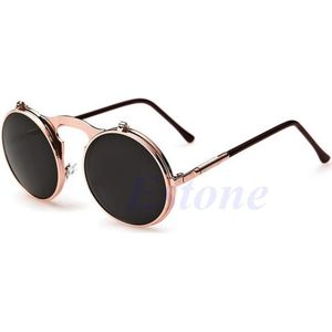 Mannen Vrouwen Vintage Ronde Metalen Frame Flip Up Zonnebril Bril Eyewear Lens L4ME