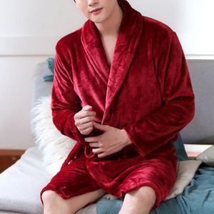 Mannen Casual Wijn Rode Kimono Badjas Herfst Winter Flanel Lang Gewaad Dikker Warme Zachte Nachtkleding Nachtjapon Mannelijke Toevallige Homewear