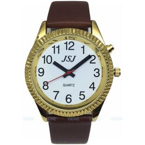 Italiaanse Praten Horloge Met Alarm Functie, Witte Wijzerplaat, Bruine Lederen Band, Golden Case B4-G206W-TI