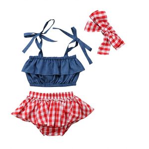 Peuter Kids Mouwloze Tops + Rooster Shorts + Hoofdband Kleding 3Pcs Baby Meisje Plaid Badmode Outfits